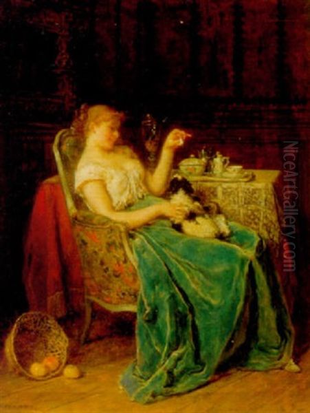 Junge Frau Spielt Mit Ihrem Hund Oil Painting by Antoine Emile Plassan