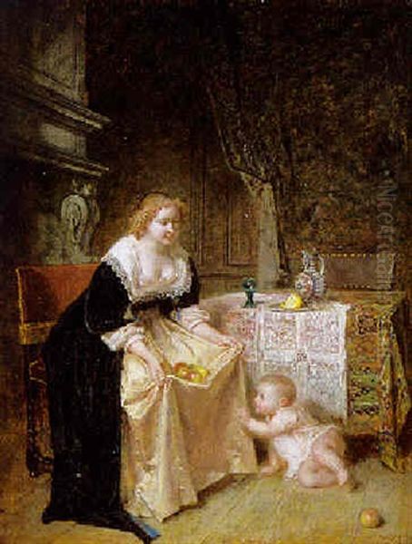 Moeder En Kind In Een Interieur Oil Painting by Antoine Emile Plassan