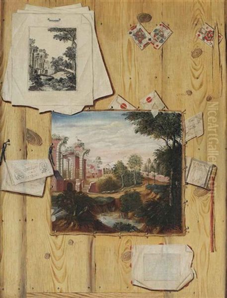 A Trompe L'oeil Of A Wooden Panelling With A Painted Canvas Of A Landscape Capriccio, A Pile Of Prints With A Repetition Of The Painted Subject... Oil Painting by Jacobus Plasschaert