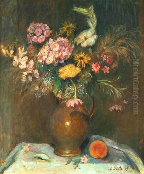 Stilleben Mit Sommerblumen In Brauner Vase Auf Tisch Mit Einem Pfirsich Oil Painting by Anna Plate