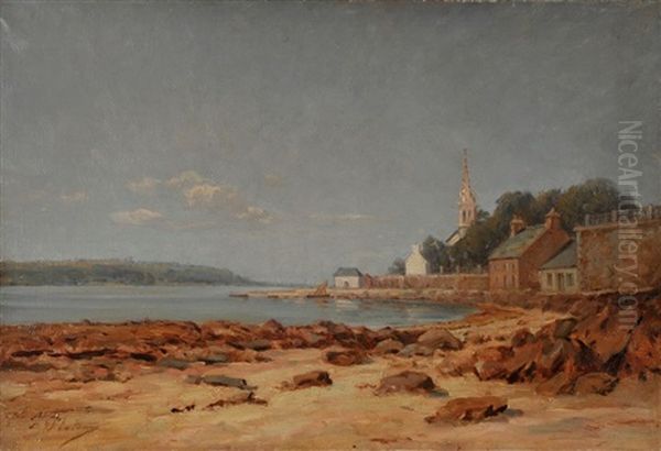 Paysage Breton, Village Au Bord De L'estuaire, Aux Environs De Quimper Oil Painting by Francois-Marie Plateau