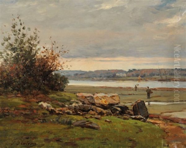 Paysage Breton, Aven Anime Par Des Pecheurs Aux Environs De Quimper Oil Painting by Francois-Marie Plateau