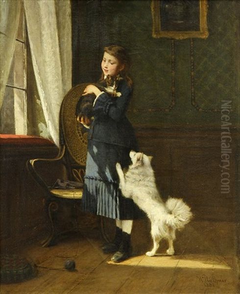 Portrait Of A Young Girl With A Cat And Dog Oil Painting by Hermann Plathner