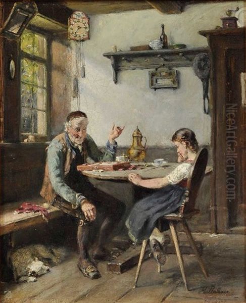 Eine Partie Dambrett (grosvater Und Enkelin, Dame Spielend) Oil Painting by Hermann Plathner