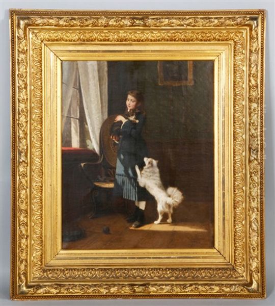 German Girl With Cat And Dog Oil Painting by Hermann Plathner