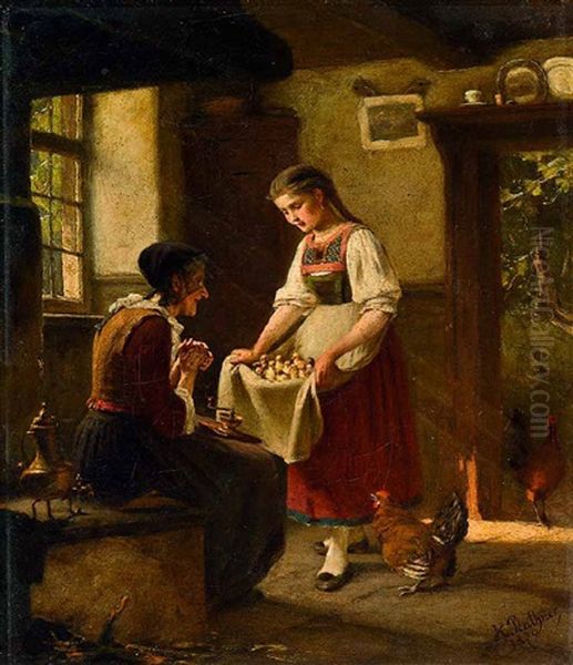 Madchen Mit Einer Schurze Voll Kuken Bei Der Grossmutter Oil Painting by Hermann Plathner