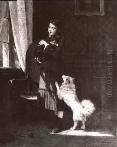 Madchen Mit Katze Und Spitz In Der Stube Am Fenster Oil Painting by Hermann Plathner