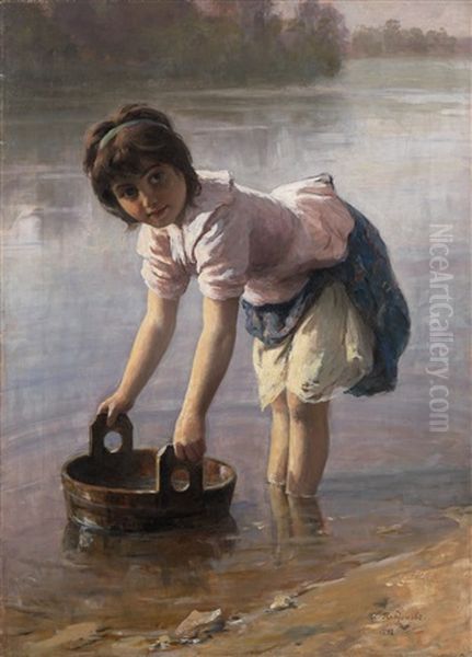 Girl Doing Laundry In A River Oil Painting by Khariton Platonov