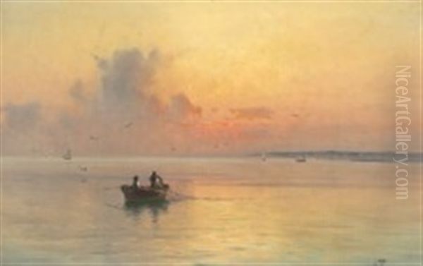 Russian Fishermen At Sea In The Early Morning Oil Painting by Semyon Sergeievich Platonov