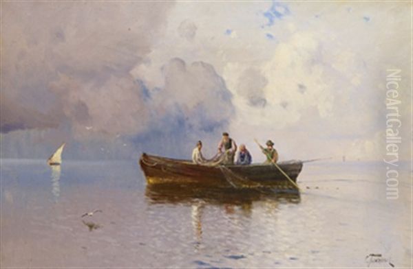 Fishing Oil Painting by Semyon Sergeievich Platonov