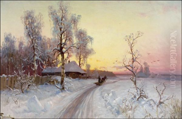 Hevosreki Talvimaisemassa - Slade I Vinterlandskap Oil Painting by Semyon Sergeievich Platonov