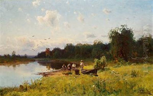 Summer Landscape With Anglers Oil Painting by Semyon Sergeievich Platonov