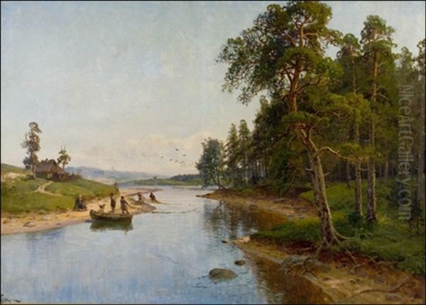 Jokikalastusta Oil Painting by Semyon Sergeievich Platonov