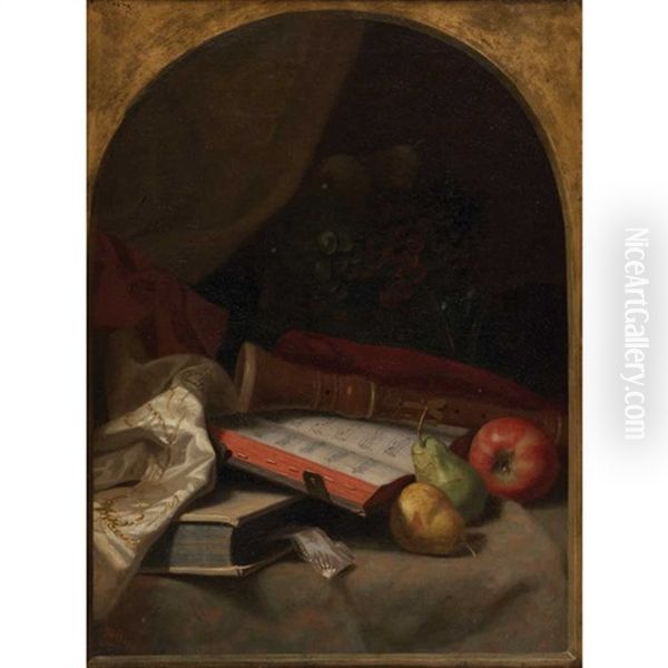 Still Life With Fruit, Book And Recorder Oil Painting by George W. Platt