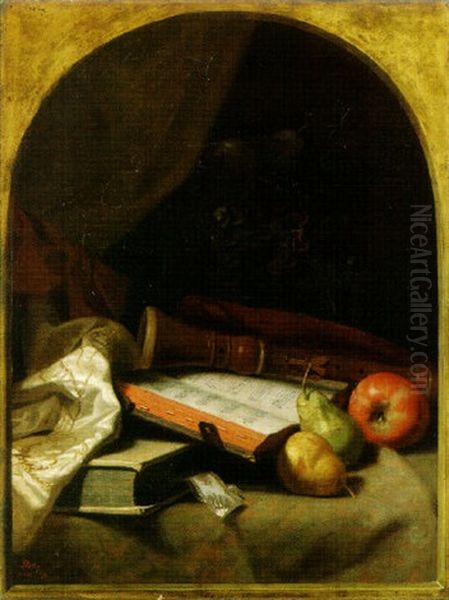 Still Life With Fruit, Books And Clarinet Oil Painting by George W. Platt