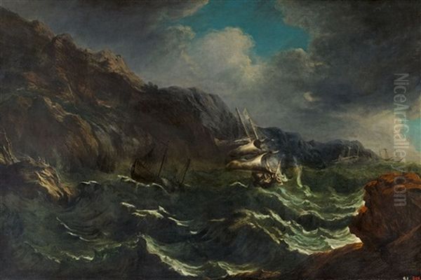 Ships In Rough Seas Oil Painting by Matthieu Van Plattenberg