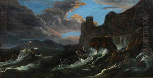 Wrecked Ships Off The Rocky Coastline Oil Painting by Matthieu Van Plattenberg