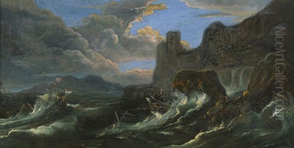 Sturmische See Mit Kenternden Segelschiffen Vor Einer Felsenkuste Oil Painting by Matthieu Van Plattenberg