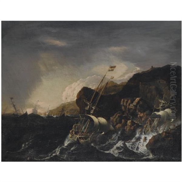 Shipping In A Heavy Storm Along A Rocky Coast, A Shipwreck In The Foreground, Figures Coming To The Rescue On The Shore Oil Painting by Matthieu Van Plattenberg