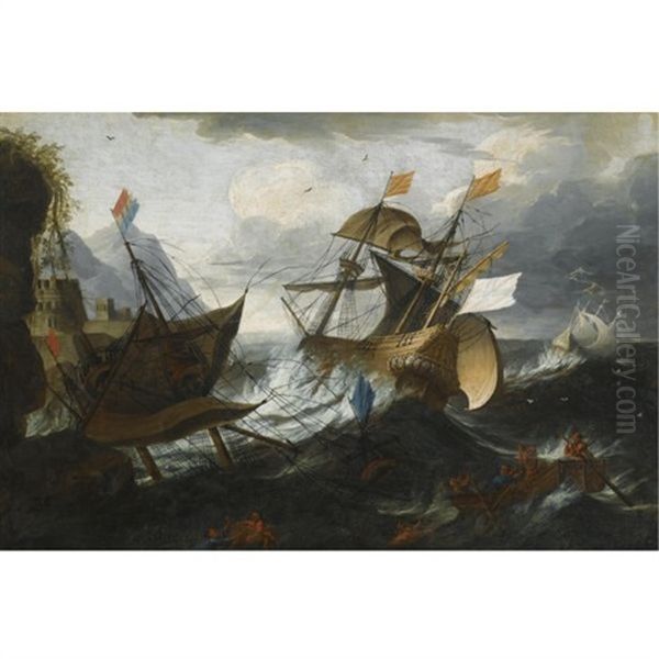 A Shipwreck Of Two Men-o'war In Heavy Storms Near A Rocky Coast With A Stronghold, Shipwrecked Figures In The Foreground Oil Painting by Matthieu Van Plattenberg