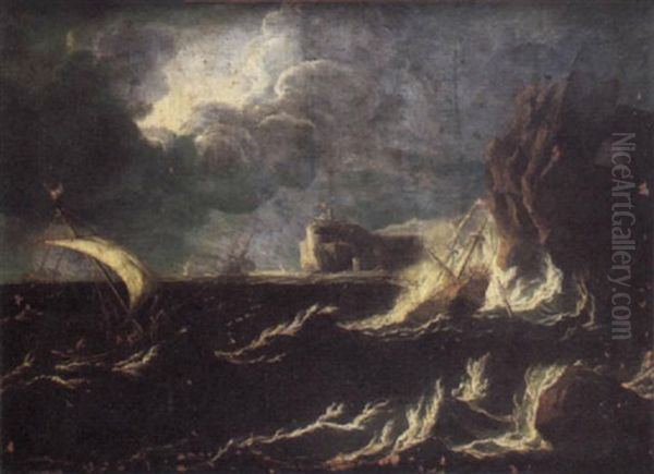 A Man O'war Being Wrecked Off A Rocky Coastline With Other Vessels In Choppy Waters Beyond Oil Painting by Matthieu Van Plattenberg