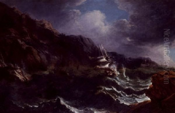 A Storm On A Rocky Coast With Ships In Distress Oil Painting by Matthieu Van Plattenberg