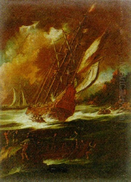 A Man-of-war In Distress In Stormy Seas Offshore Oil Painting by Matthieu Van Plattenberg