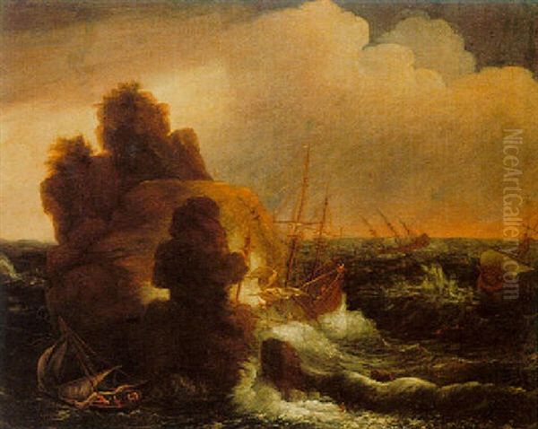 Ships Foundering Off A Stormy Coast Oil Painting by Matthieu Van Plattenberg