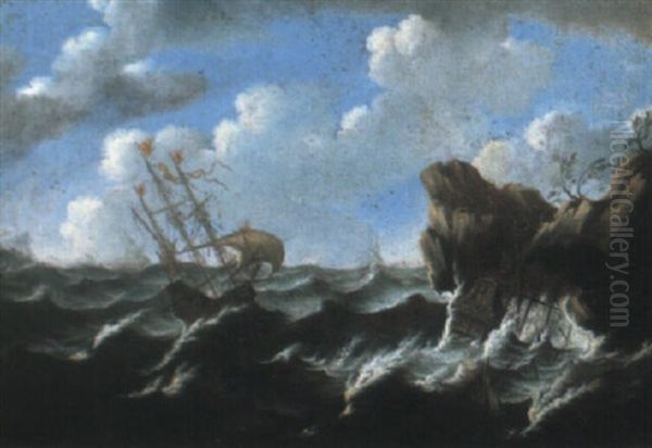 Ships Foundering On A Rocky Coast In A Storm Oil Painting by Matthieu Van Plattenberg