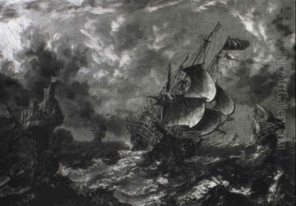 Man-of-war And Other Vessels In Choppy Seas Oil Painting by Matthieu Van Plattenberg