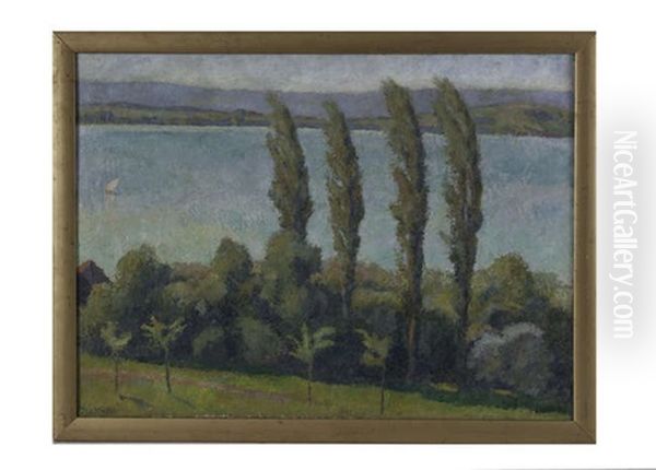 Lake Scene Through Poplars Oil Painting by Jakob Otto Plattner