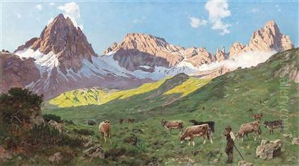 Early Morning In The Parzinn  (lechtaler Alps, Tyrol) Oil Painting by Ernst Heinrich Platz