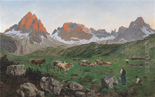 Evening In The Alps Over The Parzinn Group Near The Hanauer Hutte In The Lechtaler Alps Oil Painting by Ernst Heinrich Platz