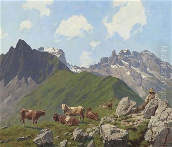 Berglandschaft Mit Kuhen Oil Painting by Ernst Heinrich Platz