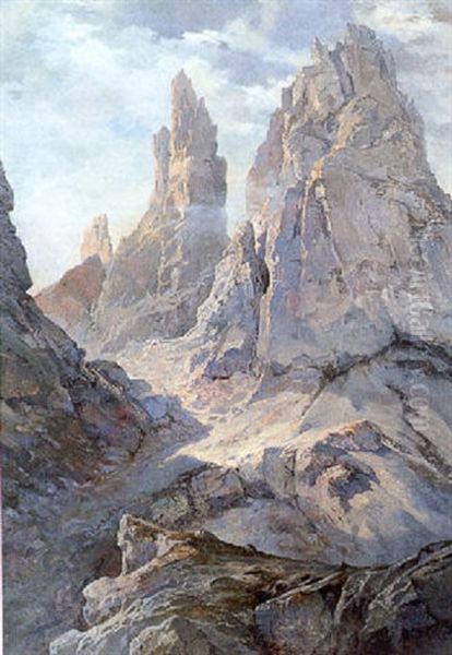 Blick Auf Die Vialletturme, Piatzturm, Deladoturm Und Winklerturm Im Rosengarten In Den Dolomiten Oil Painting by Ernst Heinrich Platz