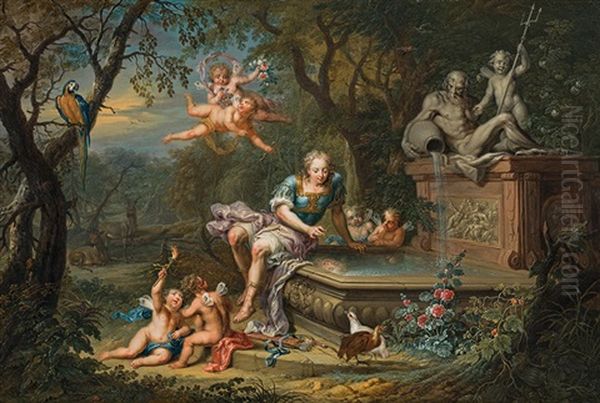 Narzissus At The Fountain Oil Painting by Johann Georg Platzer