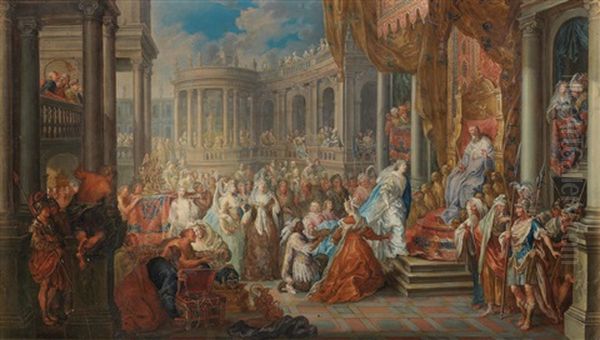 The Queen Of Sheba Before Solomon Oil Painting by Johann Georg Platzer