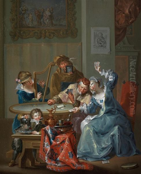 Elegant Figures At An Outdoor Concert; And Elegant Figures Playing Cards In An Interior (pair) Oil Painting by Johann Georg Platzer