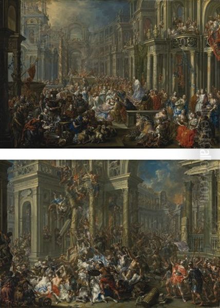 The Dedication Of The Temple Of Solomon In Jerusalem; Destruction By Titus Of The Temple Of Herod In Jerusalem: A Pair Oil Painting by Johann Georg Platzer