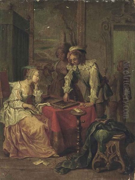 An Interior With Elegant Company Playing Tric-trac Oil Painting by Johann Georg Platzer