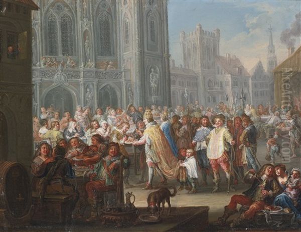 An Emperor Distributing Cakes In A Town Square Oil Painting by Johann Georg Platzer