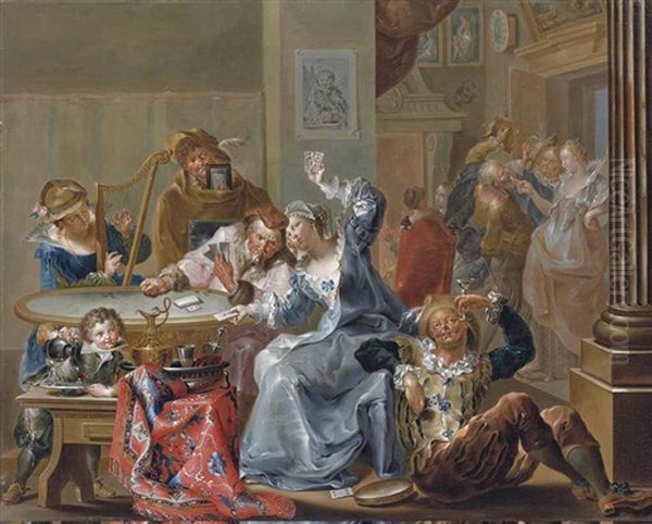 An Interior With Elegant Figures Playing Cards And Merry-making Oil Painting by Johann Georg Platzer