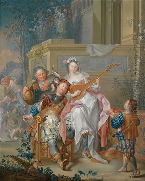 Zwei Genreszenen: Musikgesellschaft Im Freien; Das Kartenspiel (pair) Oil Painting by Johann Georg Platzer