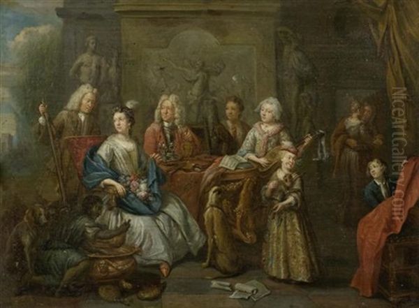 Familiendarstellungen Mit Jagdtrophaen Und Musikinstrumenten (pair) Oil Painting by Johann Georg Platzer