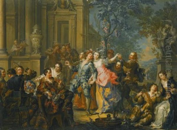 An Elegant Company Making Merry Outside A Palace Oil Painting by Johann Georg Platzer