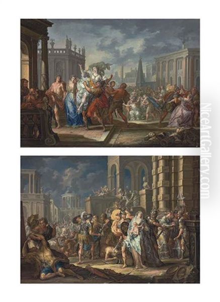 The Rape Of The Sabine Women And The Intervention Of The Sabine Women (a Pair) Oil Painting by Johann Georg Platzer