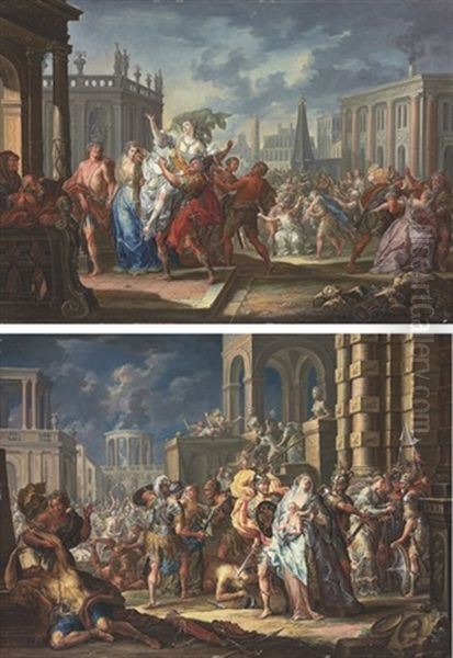 The Rape Of The Sabine Women (+ The Intervention Of The Sabine Women; Pair) Oil Painting by Johann Georg Platzer