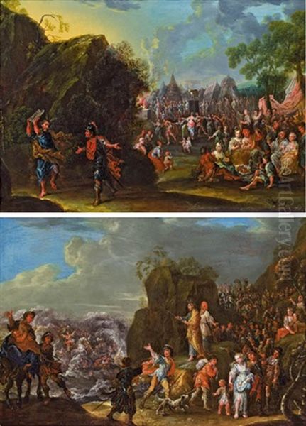 Der Tanz Um Das Goldene Kalb (+ Der Zug Der Israeliten Durch Das Rote Meer; Pair) Oil Painting by Johann Georg Platzer