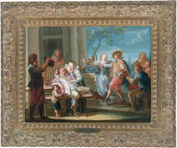 Frohliche Gesellschaft Bei Wein Und Tanz Im Freien Oil Painting by Johann Georg Platzer