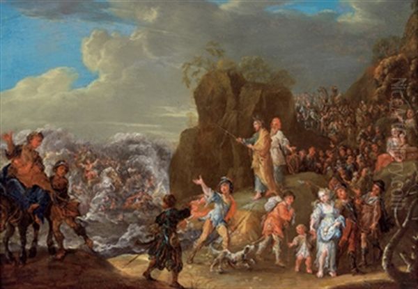 Der Tanz Um Das Goldene Kalb (+ Der Zug Der Israeliten Durch Das Rote Meer; Pair) Oil Painting by Johann Georg Platzer